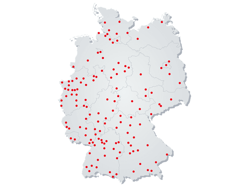 Karte von Deutschland mit roten Punkten, die verschiedene Flinkster-Standorte darstellen.