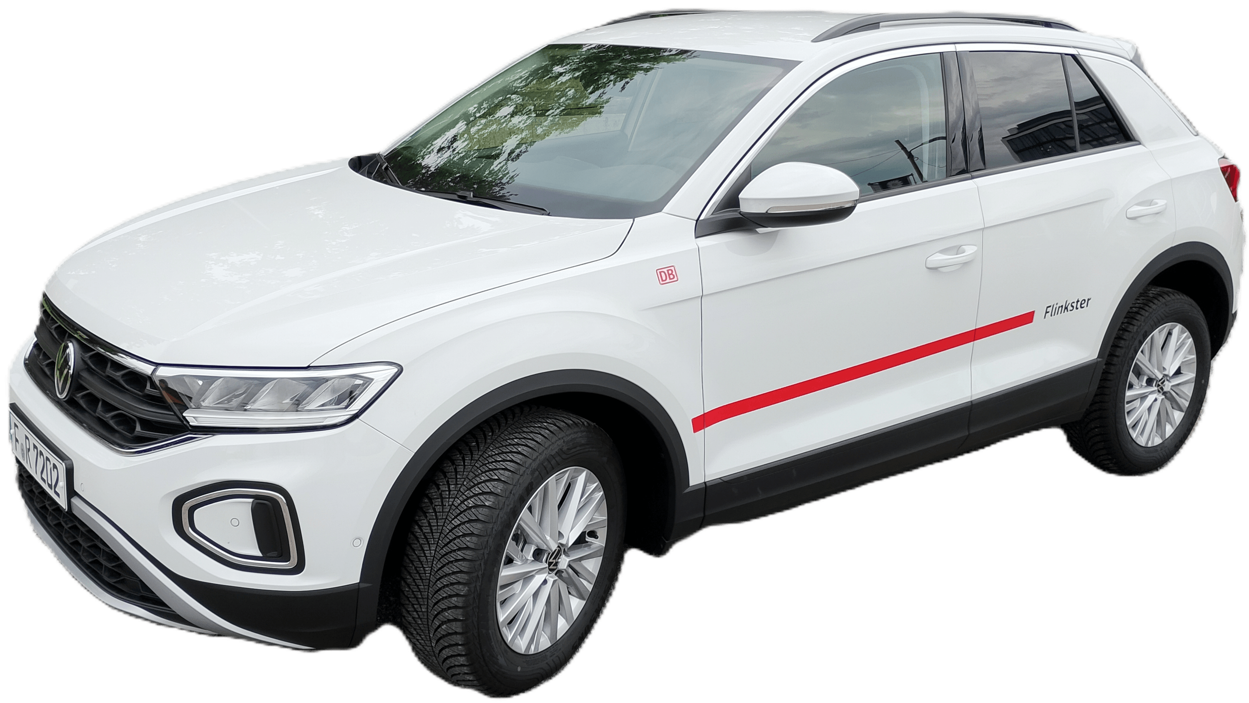 Seitliche Ansicht eines weißen VW T-Roc mit Flinkster-Branding.
