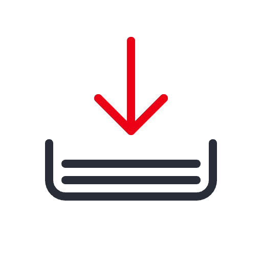 Symbol for download with a red arrow pointing downwards to a line, which represents the downloading of files.