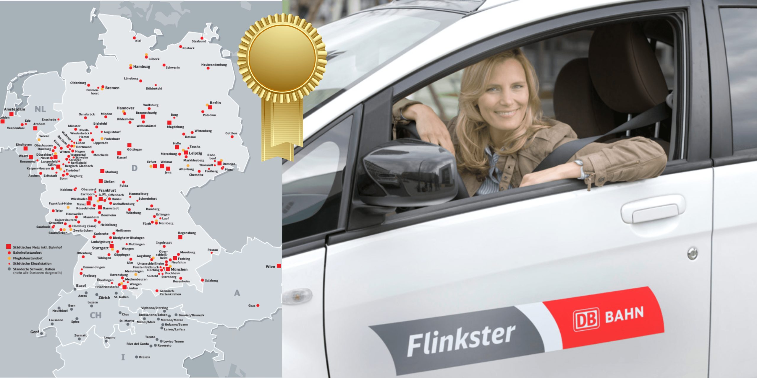 A map of Germany with Flinkster locations. To the right is a smiling woman sitting in a Flinkster car and looking out of the window. In between, a golden seal symbolizes the test winner award. copyright gold medal ribbon: Canva / Maryna Stryzhak