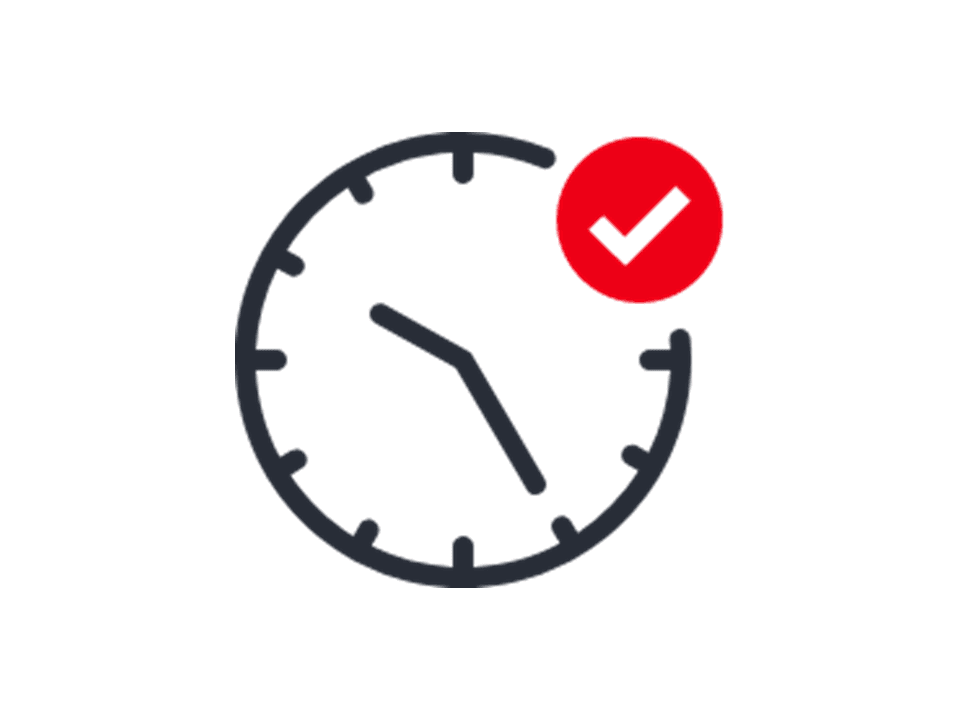Icon of a clock with a tick. Stands for the flexible use of Flinkster vehicles around the clock.