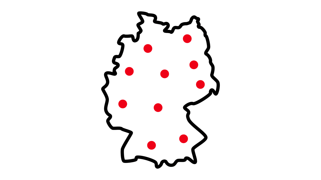 Icon of a map of Germany with red dots, symbolizing Flinkster's nationwide service.
