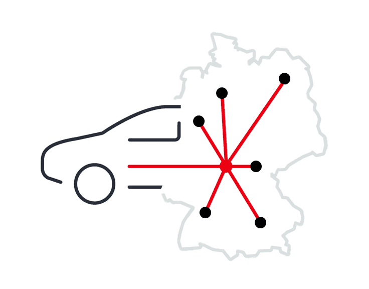 Illustration of a car next to a map of Germany with connected dots representing the Flinkster network.
