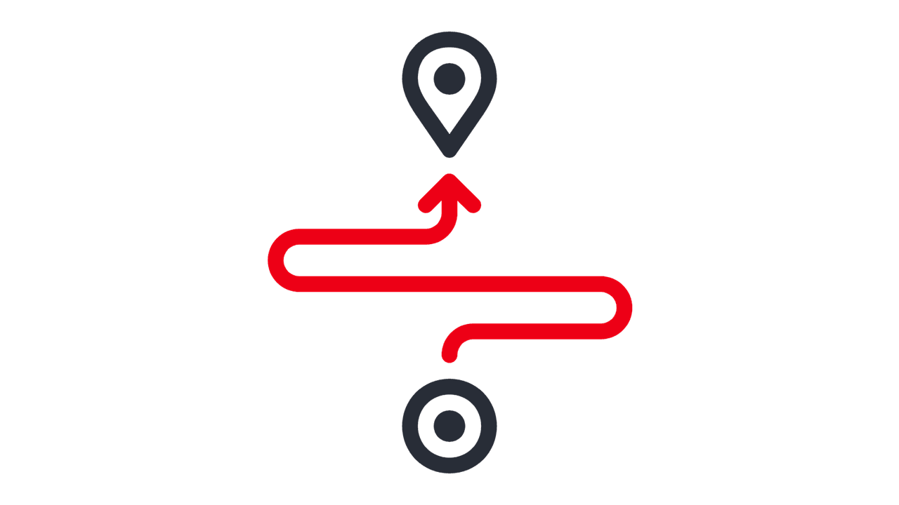 Graphic of two location pins showing the distance traveled.