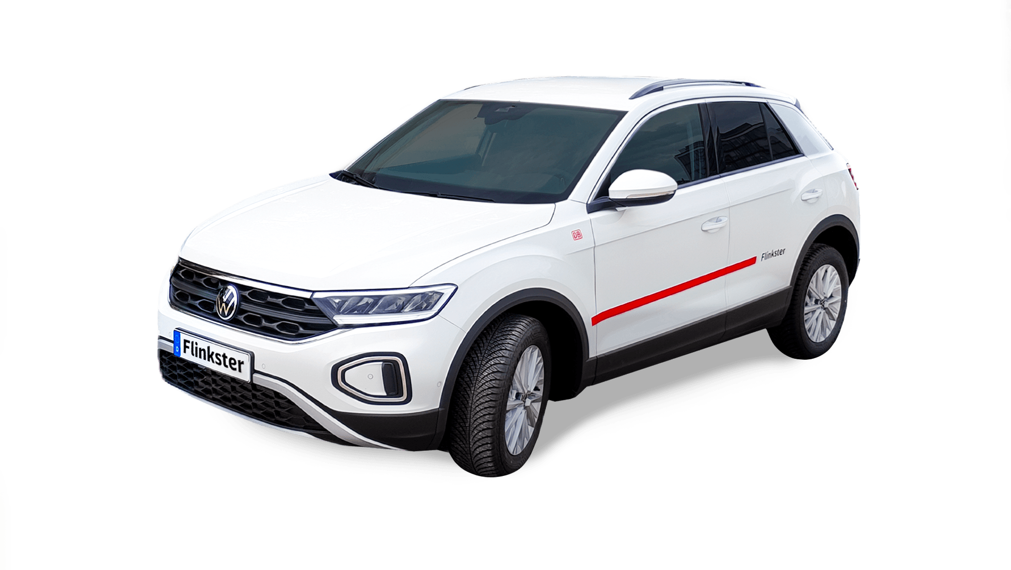 Side view of a white VW T-Roc with Flinkster branding.