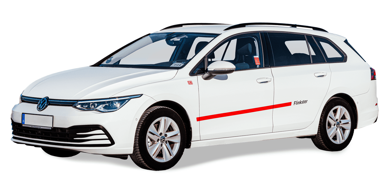 Side view of a white VW Golf Variant with Flinkster branding.