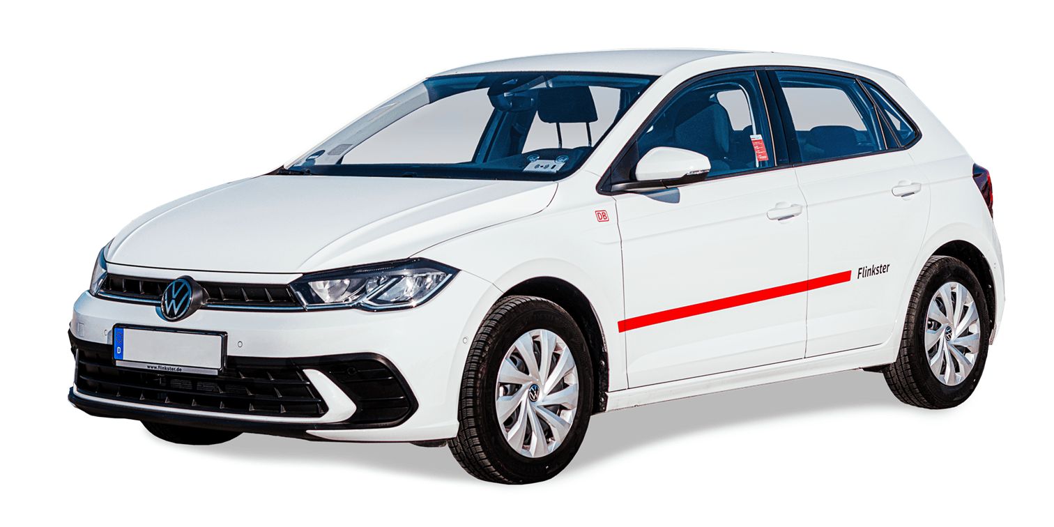 Side view of a white VW Polo with Flinkster branding.