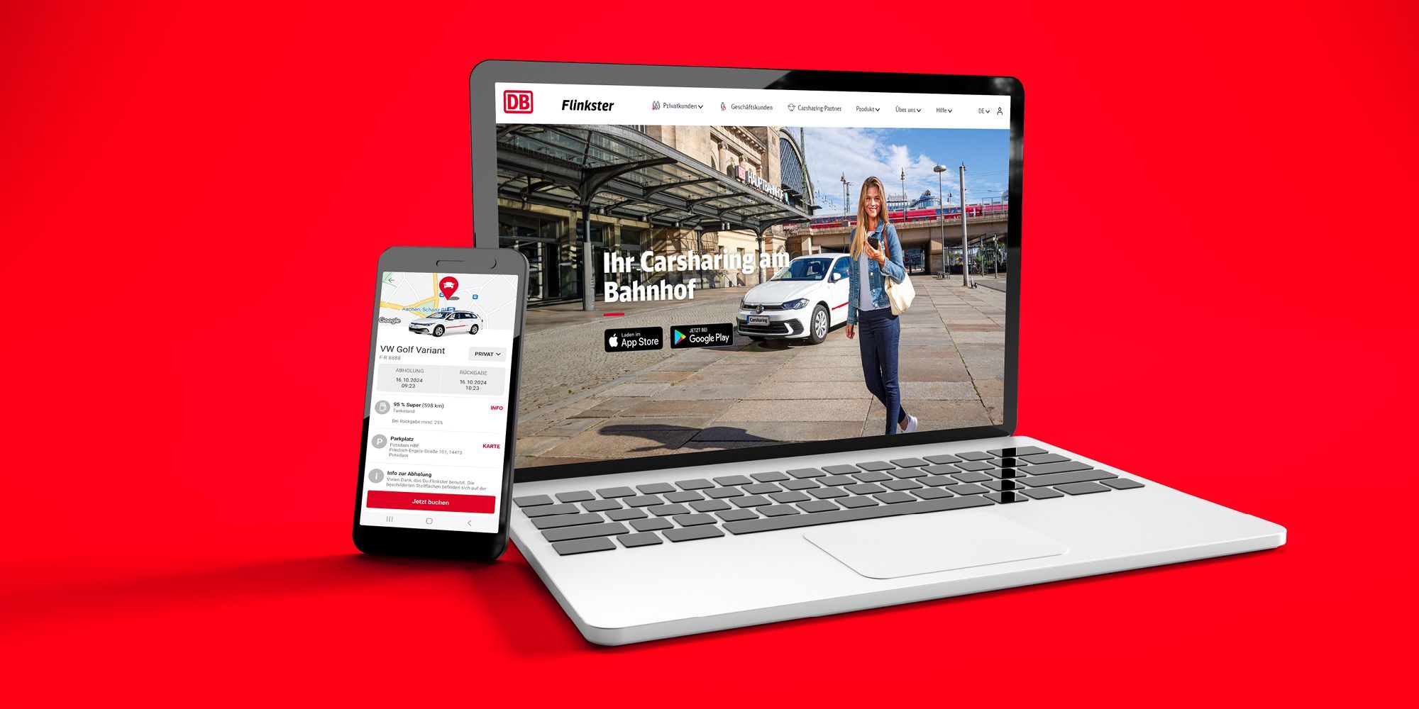 Smartphone mit geöffneter Flinkster App und Notebook mit geöffneter Flinkster Website auf einem roten Hintergrund