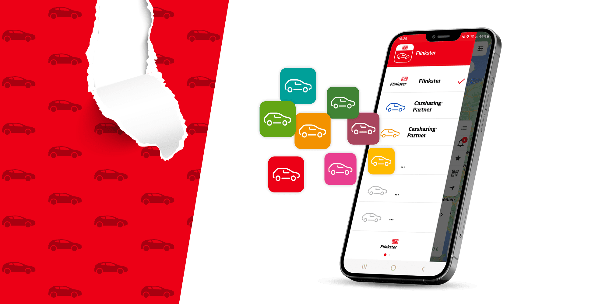 Smartphone zeigt die Flinkster-App mit verschiedenen Carsharing-Partnern. Daneben sind bunte Icons mit Autosymbolen zu sehen, die das Partnernetzwerk darstellen. Im Hintergrund ist eine rote Tapete mit Autosymbolen, die teilweise aufgerissen ist.
