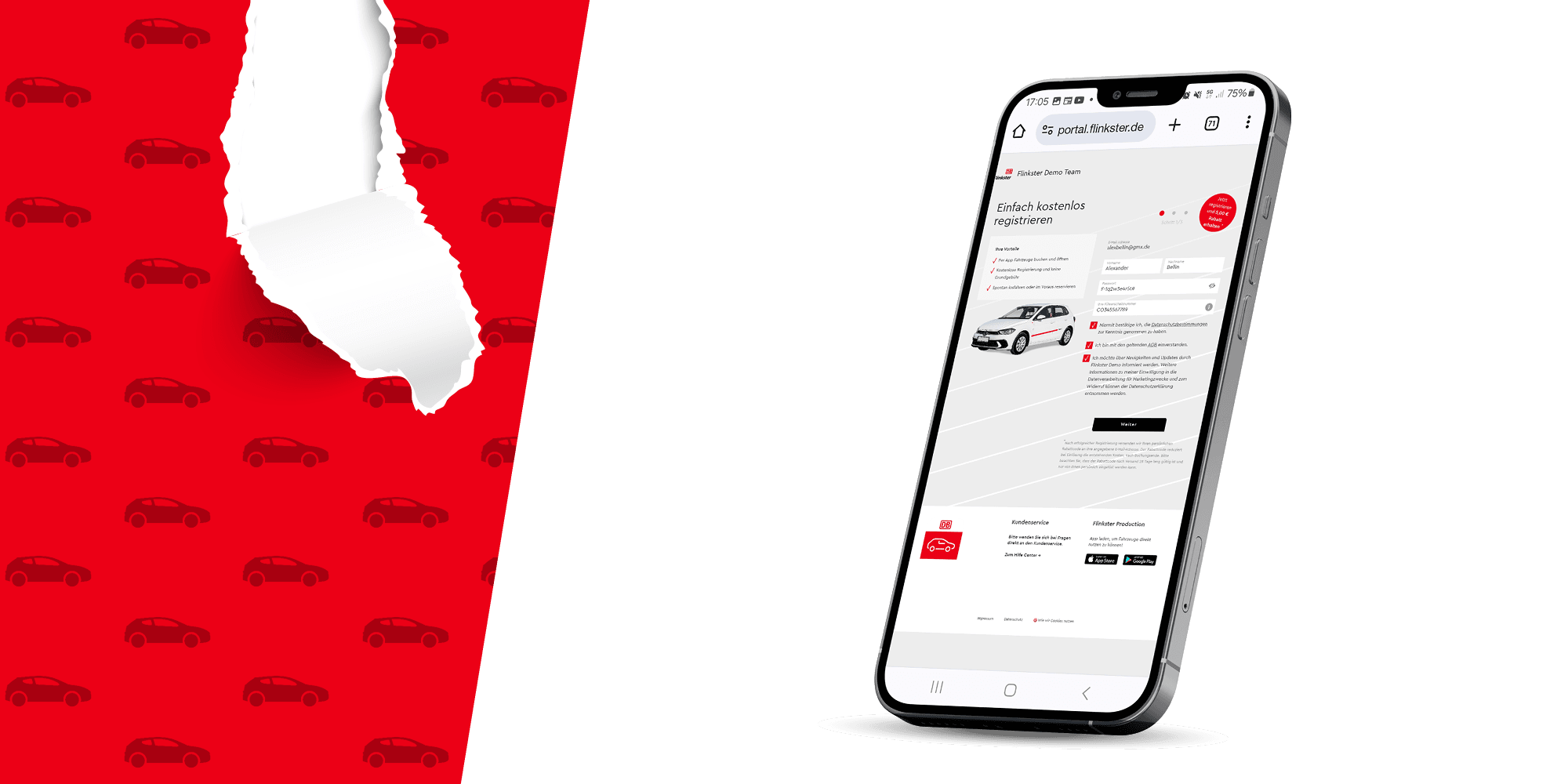 Smartphone zeigt eine Registrierungsseite auf der Flinkster-Website. Im Hintergrund ist eine rote Tapete mit Autosymbolen, die teilweise aufgerissen ist.