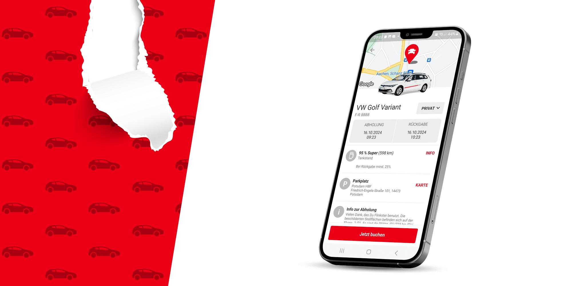Smartphone zeigt eine Buchungsseite für ein Fahrzeug, ein VW Golf Variant, in der Flinkster-App. Im Hintergrund ist eine rote Tapete mit Autosymbolen, die teilweise aufgerissen ist.