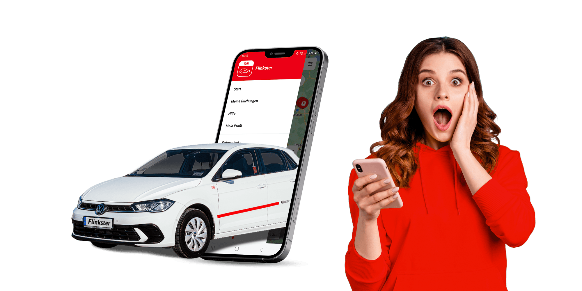 Frau in rotem Pullover, die überrascht von einem Smartphone aufschaut, neben einem Flinkster-Auto, das aus einem weiteren Smartphone herausfährt. copyright Foto: istock.com/Deagreez