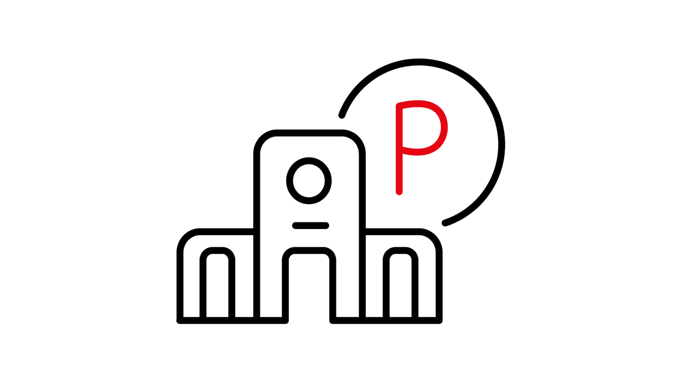Symbol of a building representing a train station with a large 'P' for parking next to it. The 'P' is highlighted in red.