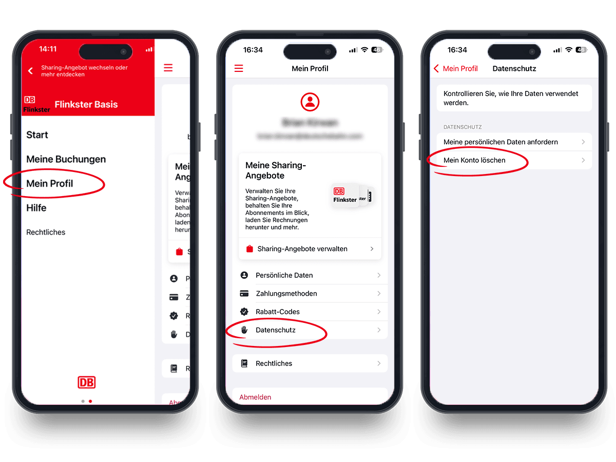 Geöffnete Flinkster App auf dem Smartphone, wo gezeigt wird, wie im Benutzerkonto im Bereich Profil, dass Benutzerkonto gelöscht werden kann.