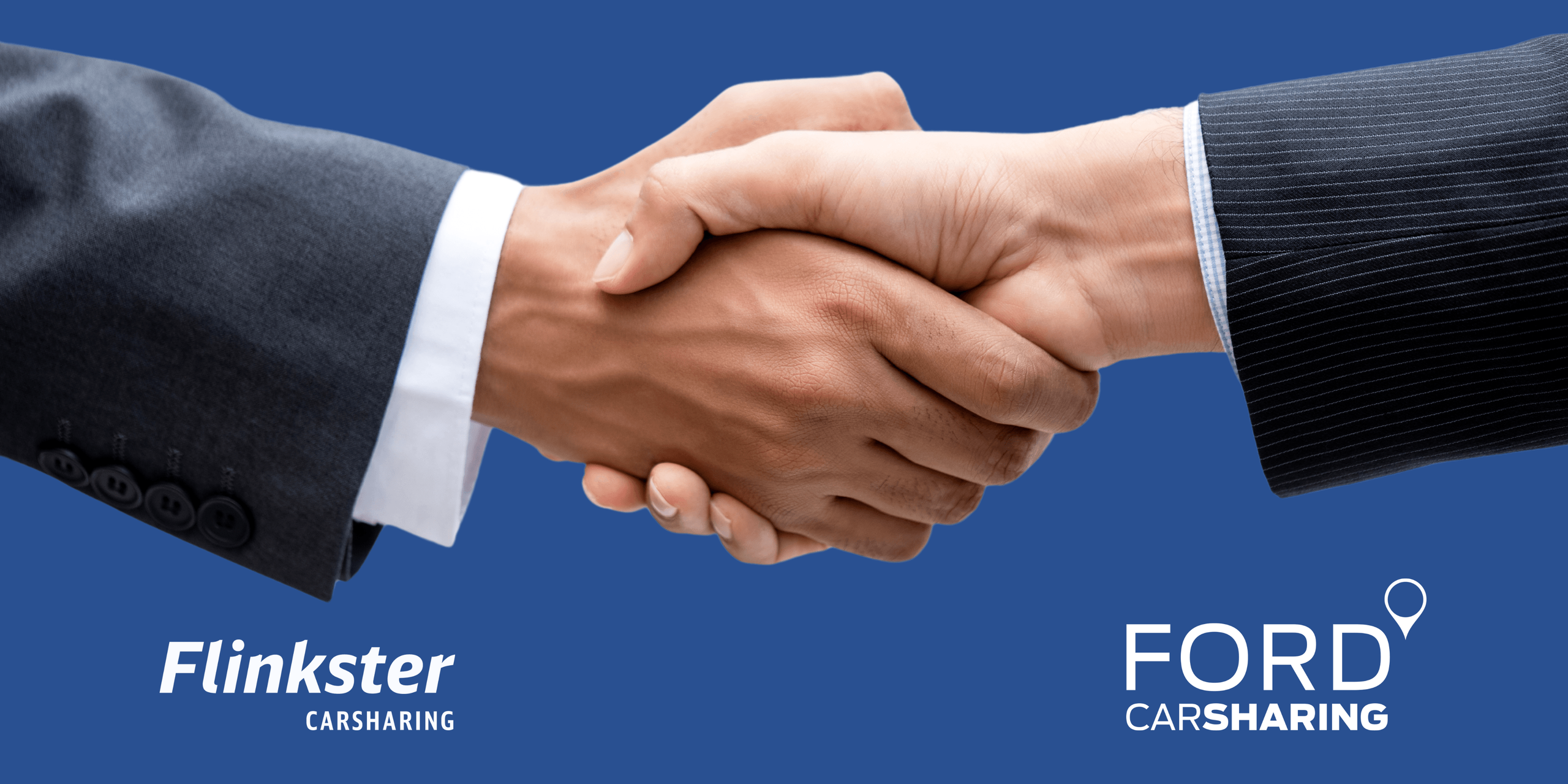 Two hands in suits shake against a blue background, logos 'Flinkster Carsharing' 'FORD CARSHARING' under one hand. Symbolizes the cooperation between Flinkster and Ford. copyright handshake: Canva / khwanchai-phanthongs-images