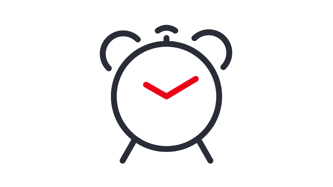 Icon einer Weckeruhr mit zwei Glocken und zwei roten Uhrzeigern.