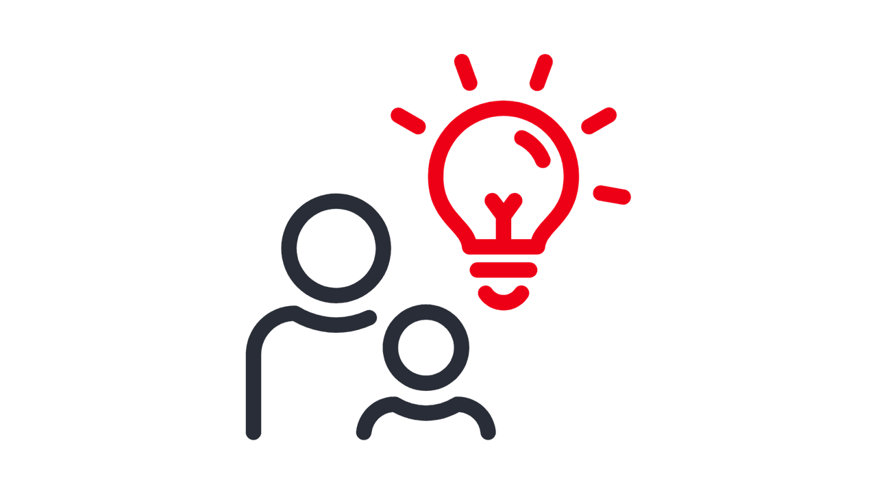 Symbolic image with two stylized people and a red light bulb that lights up and stands for an idea or innovation.