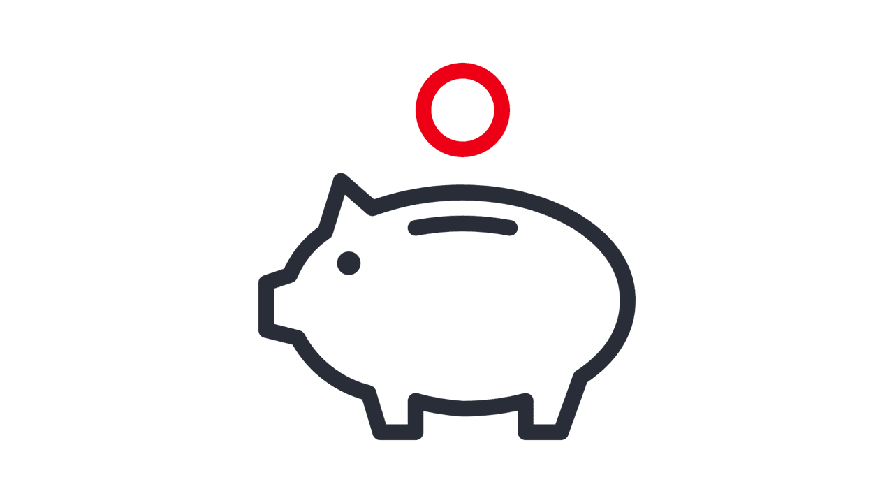 Icon, das Einsparungen darstellt, abgebildet durch ein Sparschwein mit einem roten Münzstück darüber.