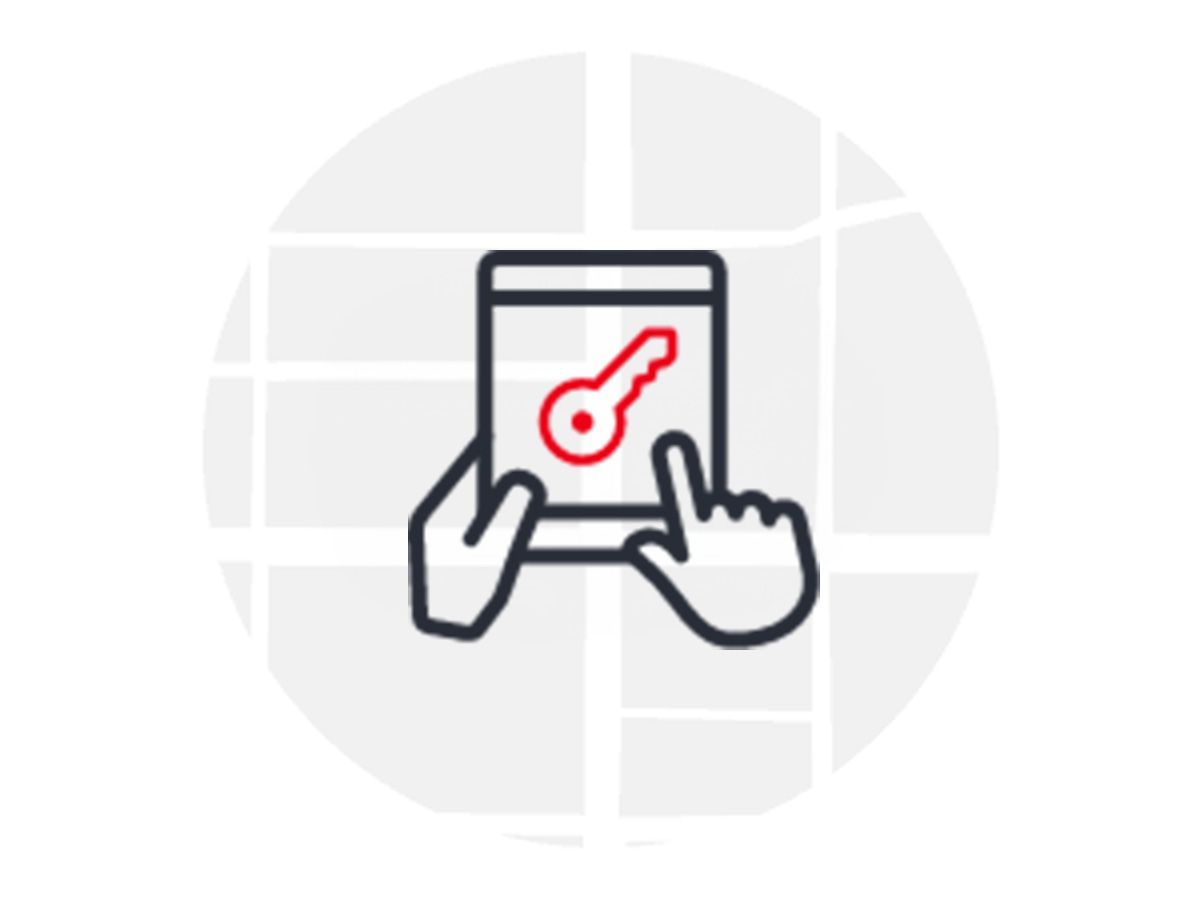 Icon of a tablet displaying a red key, with two hands operating the tablet, against a background representing a map. Symbolizes the registration.