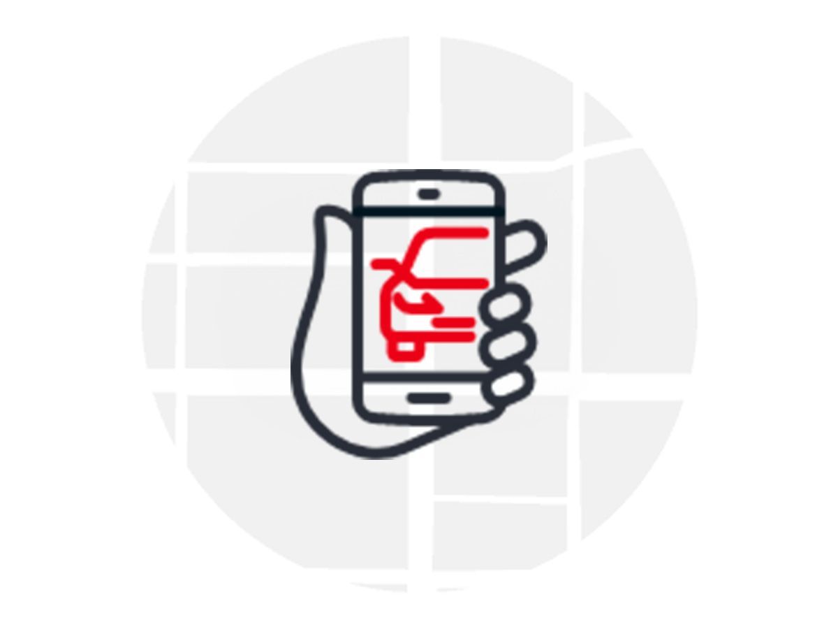 Icon of a hand holding a smartphone on which a car is displayed against a background showing a map. Symbolizes the booking of a Flinkster vehicle via the app.