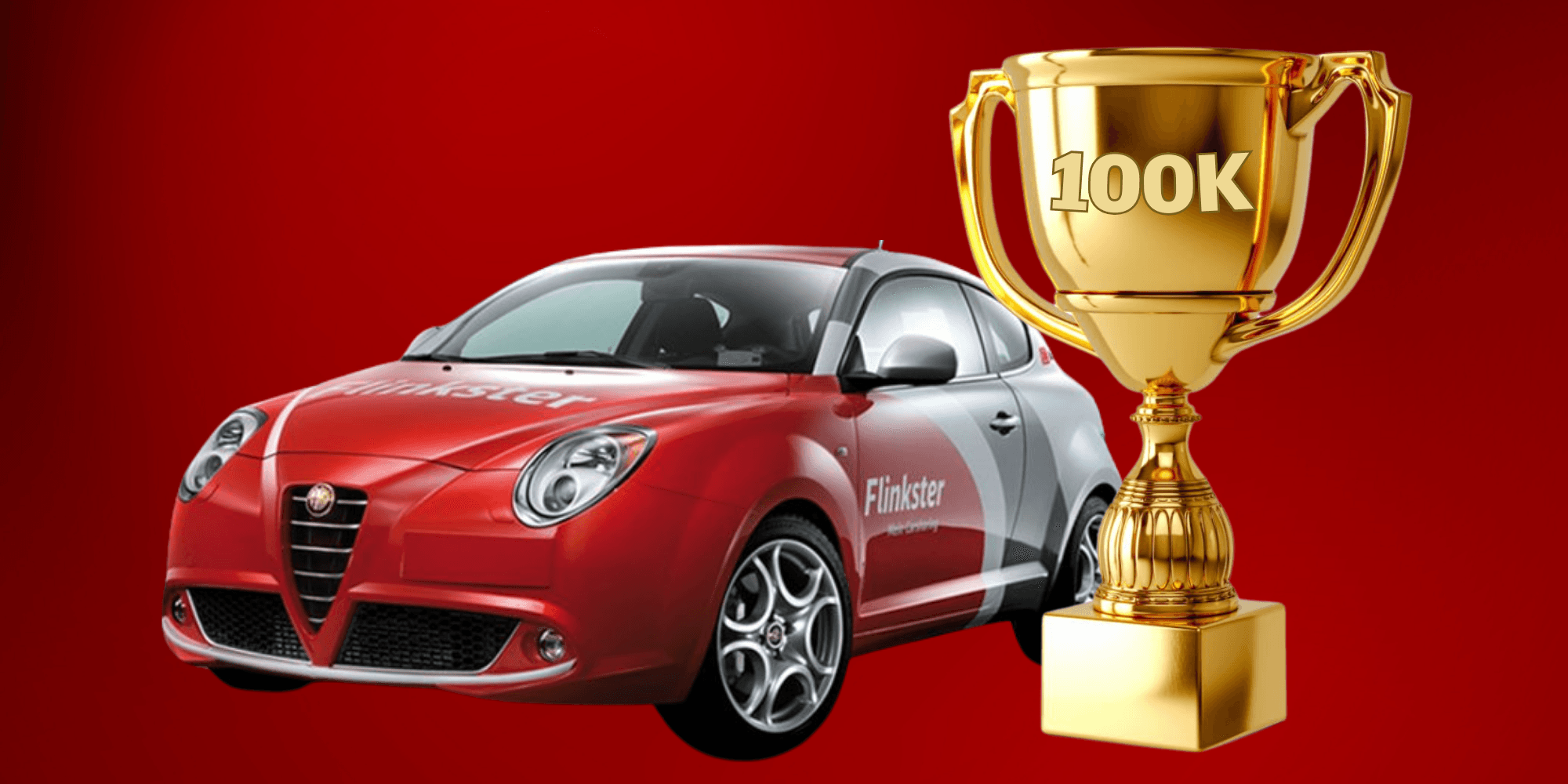Flinkster-Auto neben einem großen goldenen Pokal vor einem roten Hintergrund. copyright Pokal: istock / Kira88; roter Hintergrund: Canva/kellycapatricia