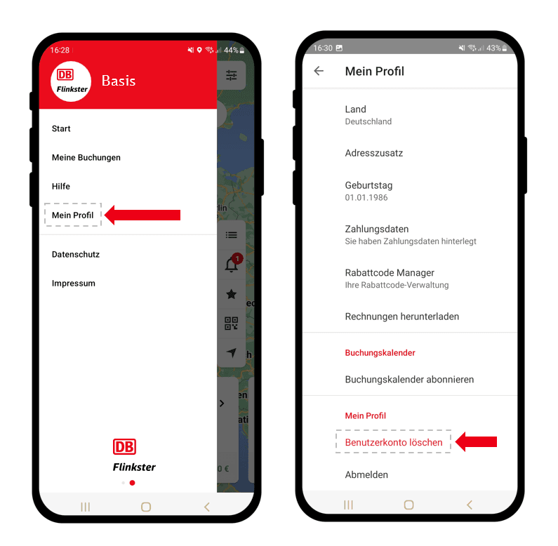 Opened Flinkster app on the smartphone, where it is shown how the user account can be deleted in the profile section of the user account.