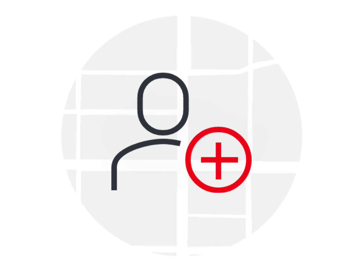 Icon einer Person mit einem Plus-Zeichen daneben, vor einem Hintergrund, der eine Karte darstellt. Symbolisiert die Registrierung als Flinkster-Kunde.