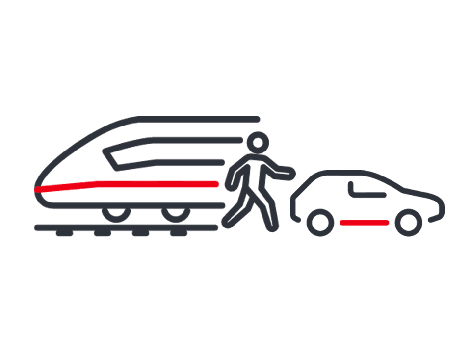 Icon eines Autos und eines Menschen, der vom Zug zum Auto geht. Symbolisiert die einfache Nutzung von Flinkster für Bahnreisende.