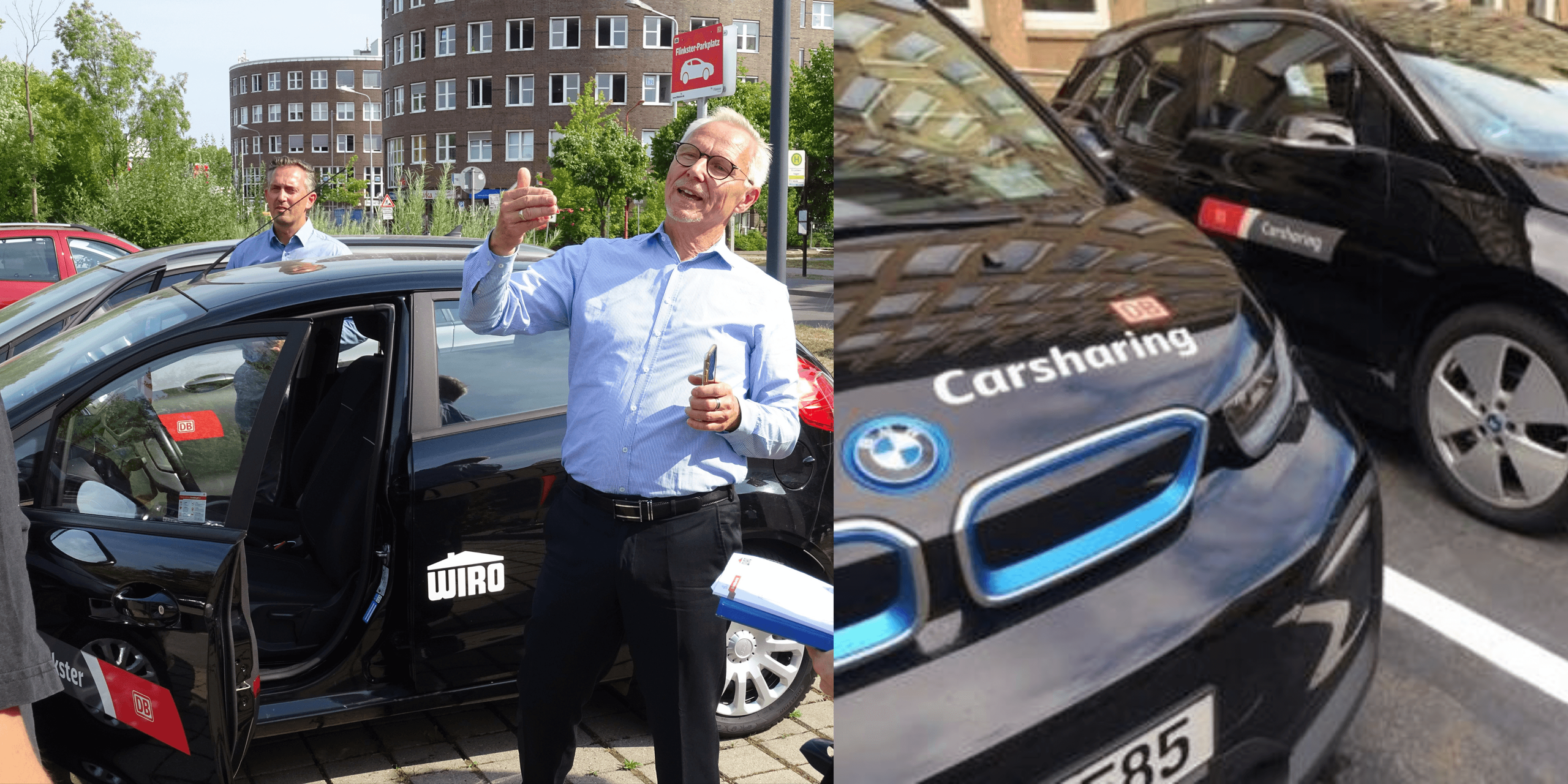 Linkes Bild: Ein Mann steht neben einem schwarzen Flinkster-Auto auf einem Flinkster-Parkplatz, ein weiterer Mann steht im Hintergrund. Rechtes Bild: Nahaufnahmen von zwei Flinkster-Autos mit der Aufschrift 'DB Carsharing' stehen nebeneinander auf einem Parkplatz. copyright DB / Ingo Priegnitz