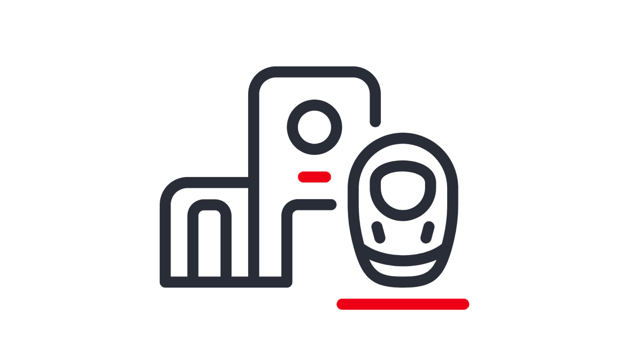 A symbolic image shows a station icon with a train, symbolizing the proximity of Flinkster locations to train stations.